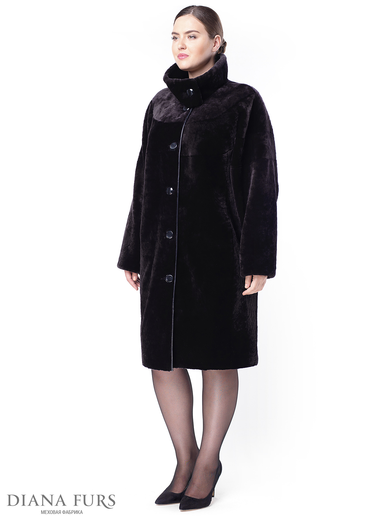 Уюное стильное "пальто" из мутона с воротником-стойка, модель В-13-105