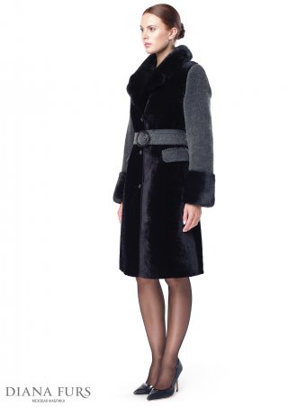 Стильное фрранцузское пальто из мутона с английским воротником, отделка норка, текстиль